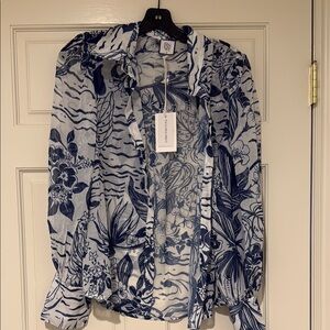 Blue and White Floral Sheer Blouse